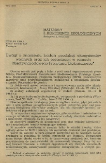 Uwagi o znaczeniu badań produkcji ekosystem&oacute;w wodnych oraz ich organizacji w ramach Międzynarodowego Programu Biologicznego