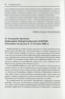 14. Europejskie Spotkanie Doktorant&oacute;w Biologii Ewolucyjnej (EMPSEB) (Einsiedeln, Szwajcaria, 8-13 września 2008 r.)