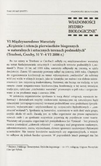 VI Międzynarodowe Warsztaty "Krążenie i retencja pierwiastk&oacute;w biogennych w naturalnych i sztucznych terenach podmokłych" (Trzeboń, Czechy, 31 V-4 VI 2006 r.)