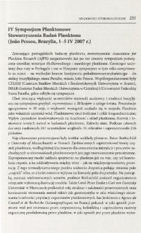 IV Sympozjum Planktonowe Stowarzyszenia Badań Planktonu (Jo&atilde;o Pessoa, Brazylia, 1-5 IV 2007 r.)