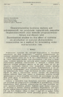 Eksperymentalne badanie wpływu soli pokarmowych na produkcję naturalnych zespoł&oacute;w fitoplanktonowych jako metoda prognozowania tempa eutrofizacji w&oacute;d