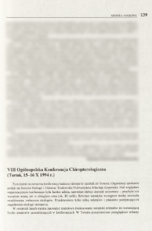 VIII Og&oacute;lnopolska Konferencja Chiropterologiczna (Toruń, 15-16 X 1994 r.)