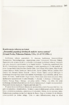 Konferencja robocza na temat "Dynamika populacji drobnych ssak&oacute;w: nowa synteza" (Grand Forks, P&oacute;łnocna Dakota, USA, 13-15 VI 1996 r.)