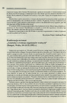 Konferencja na temat "Genetyka i ewolucja organizm&oacute;w wodnych" (Bangor, Walia, 10-16 IX 1992 r.)