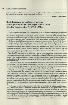 II międzynarodowa konferencja na temat limnologii zbiornik&oacute;w zaporowych i jakości w&oacute;d (Czeskie Budziejowice, 9-14 VIII 1992 r.)
