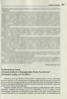 Konferencja na temat "Badania naukowe w Kampinoskim Parku Narodowym " (Dziekan&oacute;w Leśny, 2-3 VI 1993 r.)