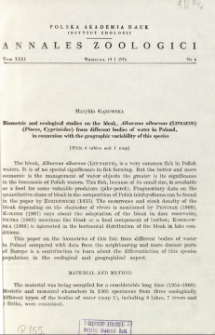 Biometric and ecological studies on the bleak, Alburnus alburnus (Linnaeus) (Pisces, Cyprinidae) from different bodies of water in Poland, in connexion with the geographic variability of this species