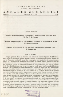 Fourmis (Hymenoptera: Formicidae) d'Afghanistan r&eacute;colt&eacute;es par M. Dr K. LINDBERG = Mr&oacute;wki (Hymenoptera: Formicidae) zebrane w Afganistanie przez dra K. LINDBERGA